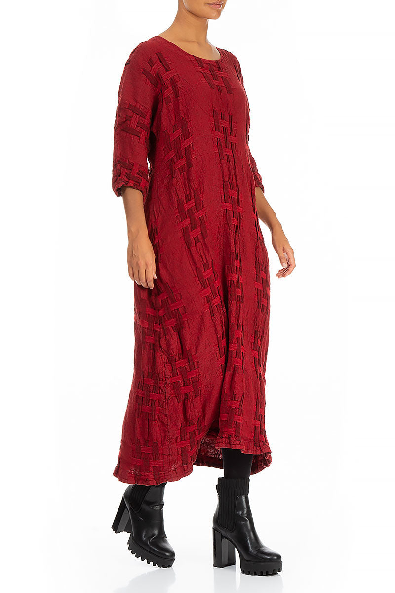 Woven Texture Red Linen Shift Dress 3